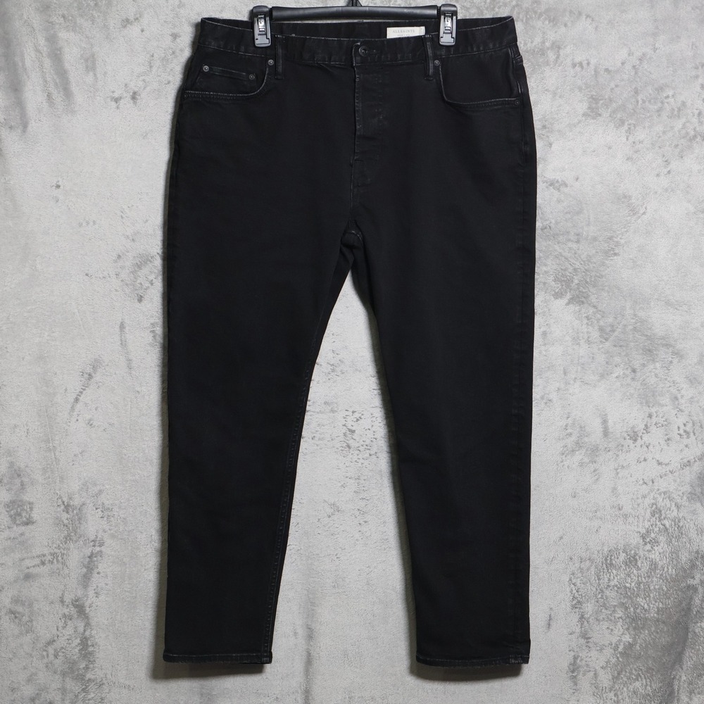 AllSaints Jeans Mens 36x28 Black Dean Tapered Fit Button Fly Stretch Denim Pants
